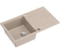 QUADRON Evier Beige & Acier | Dimensions 86 x 50 x 21 cm | Evier Granit EVAN 111 Evier simple de Cuisine | avec siphon manuel et égouttoir | 1 bac à encastrer