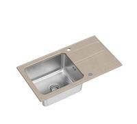 QUADRON Evier Beige + Acier | Taille 78 x 43 x 20 cm | Evier en granit RALPH 111 Evier simple de cuisine avec chambre en acier | granit & inox | avec siphon et bouchon à visser | avec égouttoir