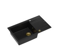 QUADRON Evier Carbone Pur + Pvd Doré | Taille 86 x 50 x 21 cm | Granit Evier en granit EVAN 136 XL Evier simple de cuisine | avec siphon manuel et égouttoir | 1 bassin évier encastré