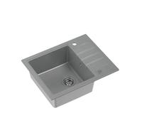 QUADRON Evier cuisine 1 bac | Taille 62 x 50 x 20 cm, Couleur: Gris et Acier | PETER 116 Granit Evier simple de cuisine | Evier en granit | avec siphon manuel et égouttoir