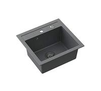 QUADRON évier cuisine granit | Taille 47 x 50 x 18,5 cm, Gris et Acier | JOHNNY 110 évier en granit évier simple bassin | évier encastré avec trou pour robinet | evier cuisine 1 bac