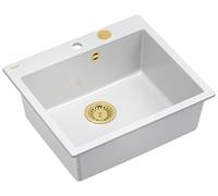 QUADRON évier blanc évier cuisine | Taille 57 x 50 x 22 cm, Blanc + Or Pvd | granit évier en granit MORGAN 110 évier encastré avec trou de robinet | évier monocuve évier de cuisine monocuve