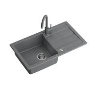 QUADRON Evier de Cuisine en Granit Gris | GO MAX Evier Simple Bassin Encastré 77 x 44 x 17,6 cm | Avec Robinet de Cuisine | Monocuve