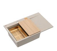 QUADRON Evier de cuisine en granit JOSH 111, 78 x 50 x 21,5 cm, Pearl Beige & Cuivre Pvd, Set Evier cuisine monocuve, Design moderne : Evier granit + siphon push to open + plaque + égouttoir