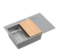 QUADRON Evier de cuisine en granit JOSH 111, 78 x 50 x 21,5 cm, Silver Stone & Acier Pvd, Design moderne, Set Evier monocuve : Evier granit + siphon push to open + plaque + égouttoir