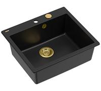 QUADRON évier cuisine Carbone Pur + Pvd Doré | Taille 57 x 50 x 22 cm | granit évier MORGAN 110 à encastrer avec trou de robinet | évier monocuve évier de cuisine unique | évier monocuve
