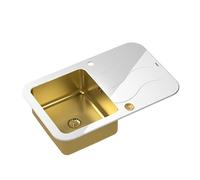QUADRON Évier de cuisine en verre trempé GLEN 211 | Dimensions : 78 x 50 x 19 cm | Couleur : Pvd-Golden | GLEN 211 | Évier encastrable avec trou pour robinetterie - Évier de cuisine simple en acier