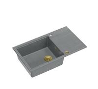 QUADRON Evier Doré + Gris | Taille 86 x 50 x 21 cm | Granit Evier en granit EVAN 136 XL Evier simple de cuisine | avec siphon manuel et égouttoir | 1 bassin évier encastré