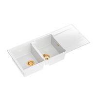 QUADRON Évier double blanc, EVAN 121 GraniteQ, évier de cuisine, 2 bacs en granit en 1160 x 500 x 210 mm, évier ouvert Push 2 avec siphon avec égouttoir, éléments en cuivre PVD