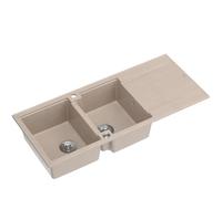 QUADRON Evier double Evier Beige, EVAN 121 GraniteQ, 2 Bacs Evier de Cuisine en Granit en 1160 x 500 x 210 mm, Push 2 Evier ouvert avec siphon avec égouttoir, éléments en acier PVD