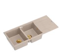 QUADRON Evier double Evier Beige, EVAN 121 GraniteQ, 2 Bacs Evier de Cuisine en Granit en 1160 x 500 x 210 mm, Push 2 Evier ouvert avec siphon avec égouttoir, éléments en PVD or