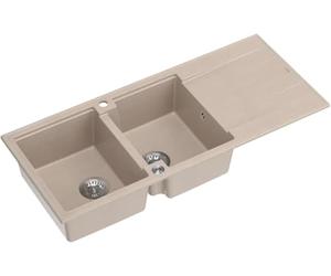 QUADRON Evier double Evier Beige, EVAN 121 GraniteQ, 2 Bacs Evier de Cuisine en Granit en 1160 x 500 x 210 mm, Push 2 Evier ouvert avec siphon avec égouttoir, éléments en acier PVD