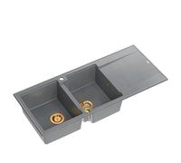 QUADRON Évier double gris, EVAN 121 GraniteQ, évier de cuisine, 2 bacs en granit en 1160 x 500 x 210 mm, évier ouvert Push 2 avec siphon avec égouttoir, éléments en cuivre PVD