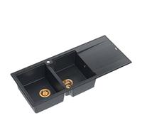 QUADRON Evier double noir, EVAN 121 Diamant Noir, GraniteQ, Evier de cuisine, 2 bacs en granit en 1160 x 500 x 210 mm, Evier ouvert Push 2 avec siphon avec égouttoir, éléments en cuivre PVD