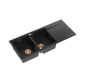 QUADRON Evier double noir, EVAN 121 GraniteQ, Evier de cuisine, 2 bacs en granit en 1160 x 500 x 210 mm, Evier ouvert Push 2 avec siphon avec égouttoir, éléments en cuivre PVD