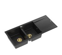 QUADRON Evier double Pure Carbon, EVAN 121 GraniteQ, Evier de cuisine, 2 bacs en granit en 1160 x 500 x 210 mm, Evier ouvert Push 2 avec siphon avec égouttoir, éléments PVD dorés