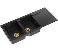 QUADRON Evier double Pure Carbon, EVAN 121 GraniteQ, Evier de cuisine, 2 bacs en granit en 1160 x 500 x 210 mm, Evier ouvert Push 2 avec siphon avec égouttoir, éléments PVD dorés