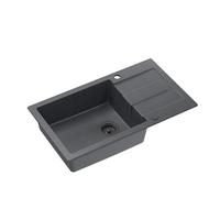 QUADRON Evier en granit noir | Dimensions : 78 x 45 x 18,5 cm | Evier de cuisine en granit simple | Avec siphon manuel et égouttoir | 1 bac encastrable