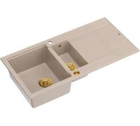 QUADRON Evier en Granit | Taille 50 x 100 x 21/16 cm, Couleur : Beige & Or | EVAN 156 Evier de Cuisine double Evier | Evier de Cuisine double Evier avec égouttoir | avec trou de robinet