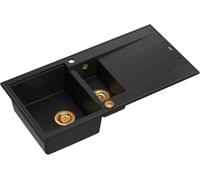 QUADRON Evier en granit | Taille 50 x 100 x 21/16 cm, Couleur: Carbone Pur + Cuivre Pvd | EVAN 156 Evier de cuisine double Evier | avec égouttoir | avec trou pour robinet | Evier en granit 2 bacs