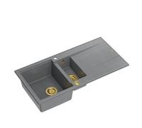 QUADRON Evier en granit | Taille 50 x 100 x 21/16 cm, Couleur: Gris + Doré Pvd | EVAN 156 Evier de cuisine double évier | Evier de cuisine double évier avec égouttoir | avec trou pour robinet