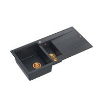 QUADRON Evier en granit | Taille 50 x 100 x 21/16 cm, Couleur: Noir + Cuivre Pvd | EVAN 156 Evier de cuisine double évier | Evier de cuisine double évier avec égouttoir | avec trou pour robinet