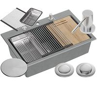 QUADRON Evier en granit | Taille 76 x 50 cm, Couleur: Gris/Acier Brossé | MARC Set Inclus: Couvercle en acier, Distributeur de savon, Planche à découper en bois, Qmat multifonctionnel