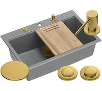 QUADRON Evier en granit | Taille 76 x 50 cm, Couleur: Gris/Pvd Or | MARC Set Inclus: Couvercle en acier, Distributeur de savon, Planche à découper en bois, Qmat multifonctionnel