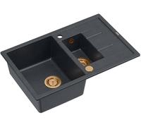 QUADRON Evier en granit | Taille 78 x 50 x 22 cm Couleur: Noir + Cuivre Pvd | MORGAN 116 Granit Evier de cuisine 1,5 bac avec égouttoir | Evier encastré avec trou pour robinet