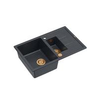 QUADRON Evier en granit | Taille 78 x 50 x 22 cm Couleur: Noir + Cuivre Pvd | MORGAN 116 Granit Evier de cuisine 1,5 bac avec égouttoir | Evier encastré avec trou pour robinet