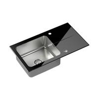 QUADRON Evier en verre Evier cuisine | Taille 77 x 44 x 19 cm, Couleur: Noir | HUGH 111 Verre trempé Evier monocuve | Evier de cuisine simple en acier inoxydable | evier cuisine 1 bac