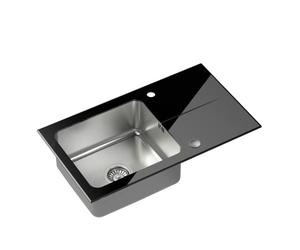 QUADRON Evier en verre Evier cuisine | Taille 77 x 44 x 19 cm, Couleur: Noir | HUGH 111 Verre trempé Evier monocuve | Evier de cuisine simple en acier inoxydable | evier cuisine 1 bac