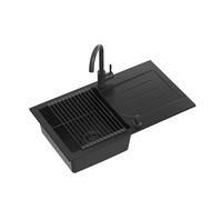 QUADRON Évier JOHNNY 111 GraniteQ, évier de cuisine en granit, évier encastré 1 bac en 77 x 44 x 18,5 cm, couleur: noir, évier en granit, évier 1 bac, avec siphon + mitigeur + distributeur + Qmata