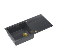 QUADRON Evier Noir + Doré Pvd | Taille 100 x 50 x 21 cm | Granit Evier en granit EVAN 146 XL Evier simple de cuisine | avec siphon manuel et égouttoir | 1 bassin évier encastré