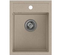 QUADRON évier cuisine granit | Taille 50 x 39 x 20,4 cm, Beige & Acier | JOHNNY 90 granit évier simple bassin | évier encastré avec trou pour robinet | evier cuisine 1 bac