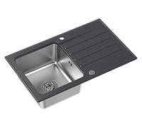 QUADRON Kenneth 111 Évier de cuisine, noir, dimensions : 78 x 48 cm, en acier inoxydable, avec chambre en acier, granit et acier inoxydable, avec siphon et bouchon à vis, égouttoir