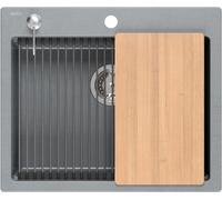 QUADRON évier en granit évier de cuisine | Taille 59,5 x 50 x 21,5 cm, couleur: Gris | KURT 110 granit évier encastré | evier cuisine 1 bac | Set : distributeur, planche en bois, Qmata, siphon