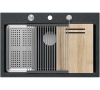 QUADRON Évier en granit | Taille 76 x 50 cm, Couleur: Noir/Acier Brossé | MARC Set Inclus: Couvercle en acier, Distributeur de savon, Planche à découper en bois, Qmat multifonctionnel