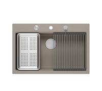 QUADRON Moderne Évier de cuisine, MARC 110 WORKSTATION, Évier en GraniteQ, évier 1 bac, 760 x 500 x 220 mm, Soft Taupe + siphon à pression + distributeur + plaque/éléments en acier