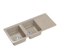 QUADRON NEAL 121 Évier en granit pour cuisine, dimensions : 116 x 50 x 20,5 cm, couleur : beige, évier de cuisine à un bac, évier de cuisine à deux bacs, évier à deux compartiments avec siphon manuel