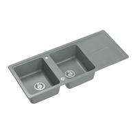 QUADRON NEAL 121 Evier en granit pour cuisine, dimensions : 116 x 50 x 20,5 cm, couleur : gris, Evier de cuisine à un bac, Evier de cuisine à 2 bacs, Evier à 2 compartiments avec siphon manuel