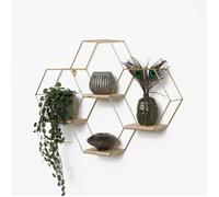 Quadruple étagère murale hexagonale en métal avec 4 tablettes en bois - 40,5x58 cm - Or