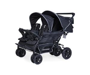 Quadruple poussette capacité 4 enfants + housse de pluie + pare-soleil Noir