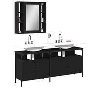 QUAHEAS 3-TLG Ensemble de meubles de salle de bain en bois noir, armoire inférieure avec miroir, design moderne, grand espace de rangement, armoire de salle de bain avec pieds réglables