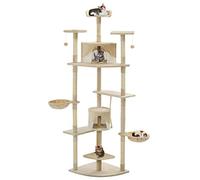 QUAHEAS Arbre à chat en sisal 203 cm beige blanc avec colonnes à griffer, jouet, deux maisons, paniers, housse en peluche, matériau en bois solide pour l'escalade, le soin des griffes, le sommeil
