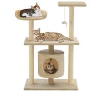 QUAHEAS Arbre à chat en sisal 95 cm beige avec peluche, colonnes à griffer, plateformes et jouets, matériau en bois stable, idéal pour l'escalade, l'affûtage des griffes et le repos pour l'appartement