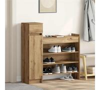 QUAHEAS Armoire à chaussures en chêne Artisan 100,5 x 28 x 100 cm avec 2 tiroirs et 4 étagères, armoire à chaussures étroite pour couloir et entrée, rangement à chaussures peu encombrant avec porte
