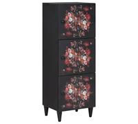 QUAHEAS Armoire de rangement multicolore en bois de manguier massif 40 x 33,5 x 110 cm avec motif floral et boutons en laiton, 3 portes, idéal comme meuble TV, console multimédia