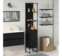 QUAHEAS Armoire de salle de bain, noire, aspect chêne, 33 x 33 x 185,5 cm, avec espace de rangement, étroite pour serviettes, design moderne, matériau à base de bois et cadre en acier, pour salle de