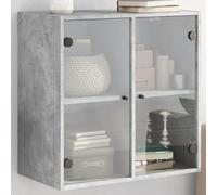 QUAHEAS Armoire murale avec portes en verre, gris béton, 68 x 37 x 68,5 cm, en matériau dérivé du bois, armoire suspendue polyvalente pour bureau et salon, maximisez l'espace de rangement